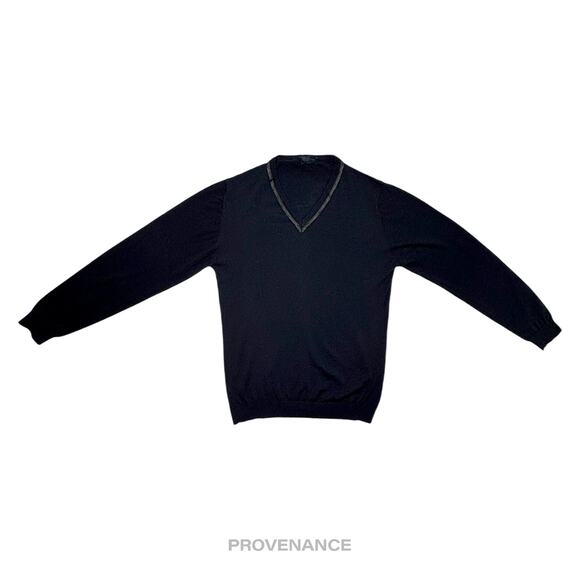 🔴 Lanvin Grosgrain Trim V-Neck Sweater - Navy Merino Wool M - Picture 1 of 9